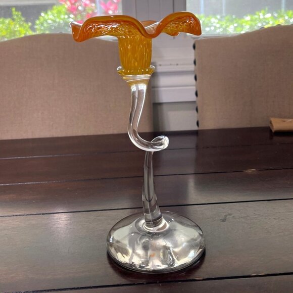 Art Glass Trumpet Candle Holder Swirled-Stem Flared-Rim Flower Orange Clear - Picture 5 of 5